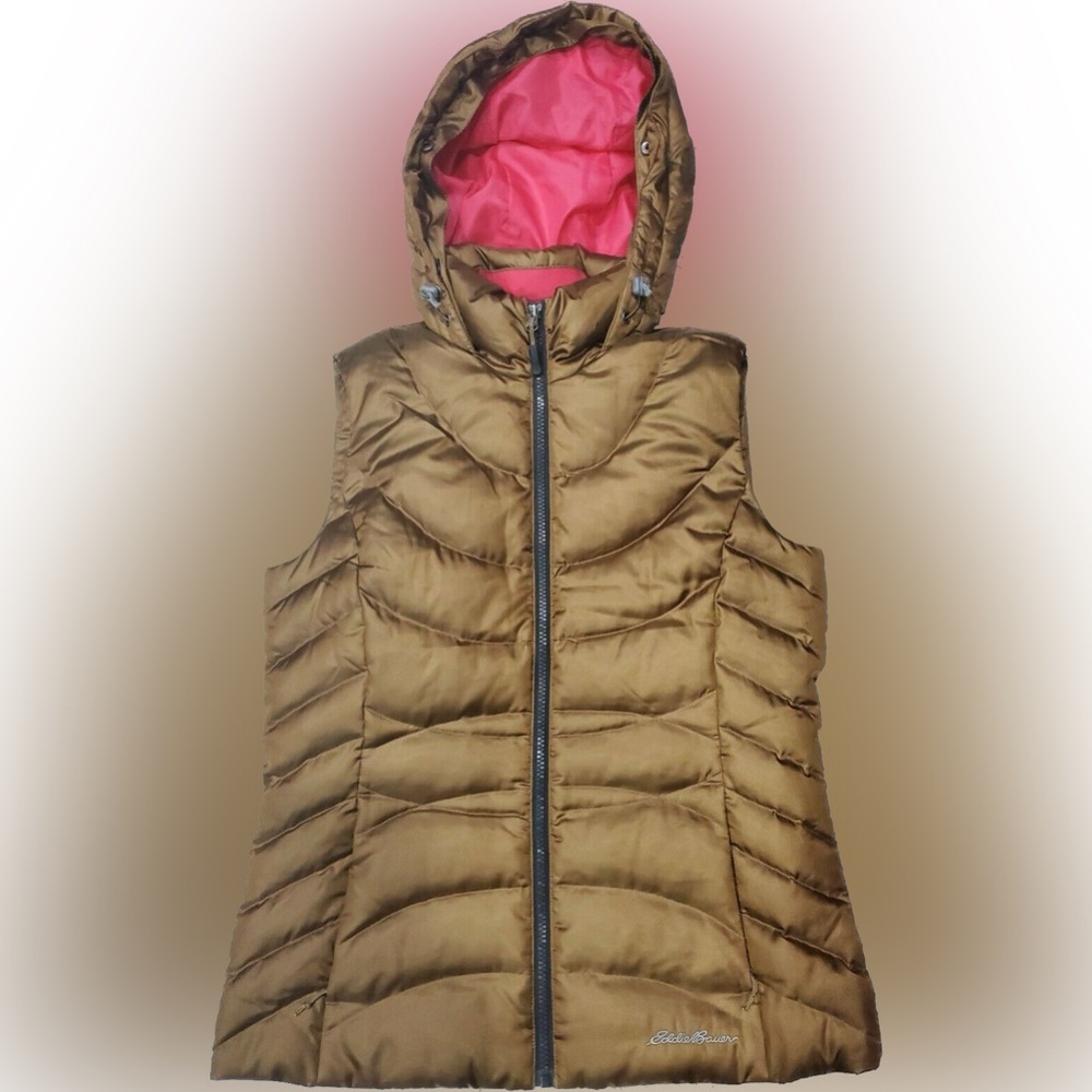 EDDIE BAUER Women’s Bronze Pink Fur Hooded Goose Down Puffer Vest Eb650
